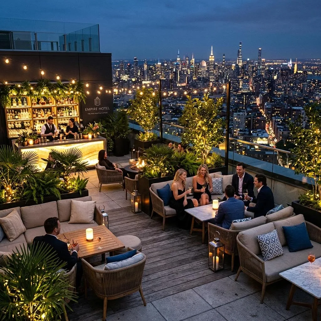 Stylish rooftop terrace lounge with city skyline view