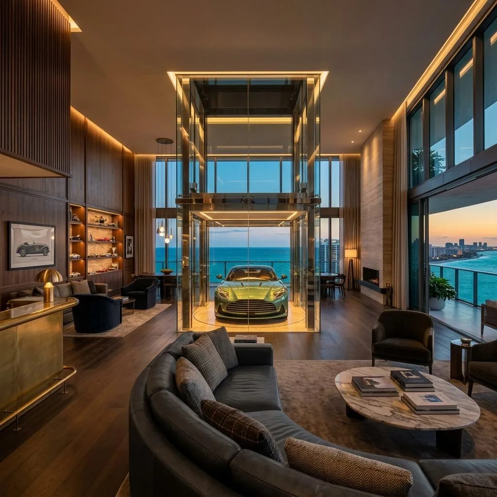 Luxury penthouse interior with glass car elevator display