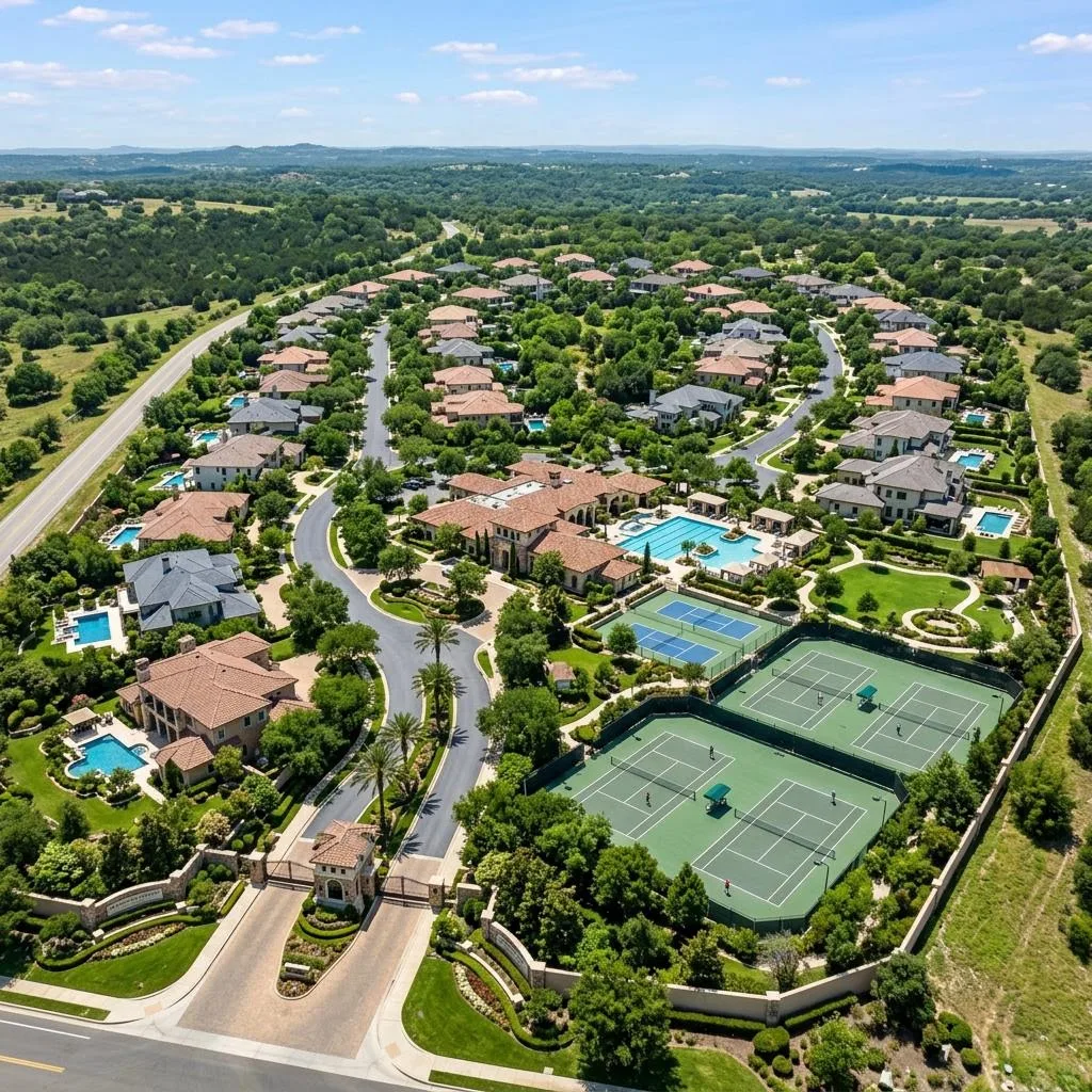 Aerial view of an exclusive gated luxury residential community