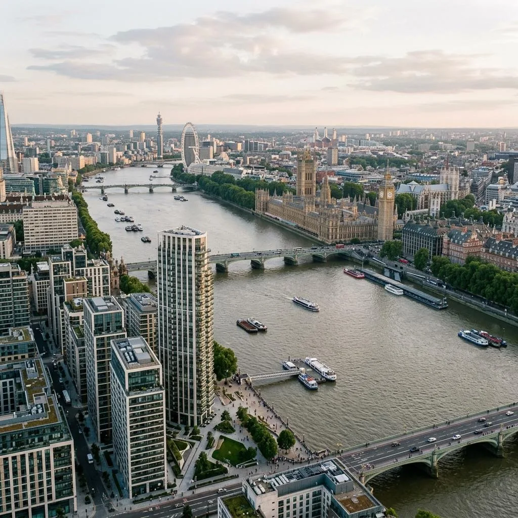 River Thames London aerial view with Westminster landmarks