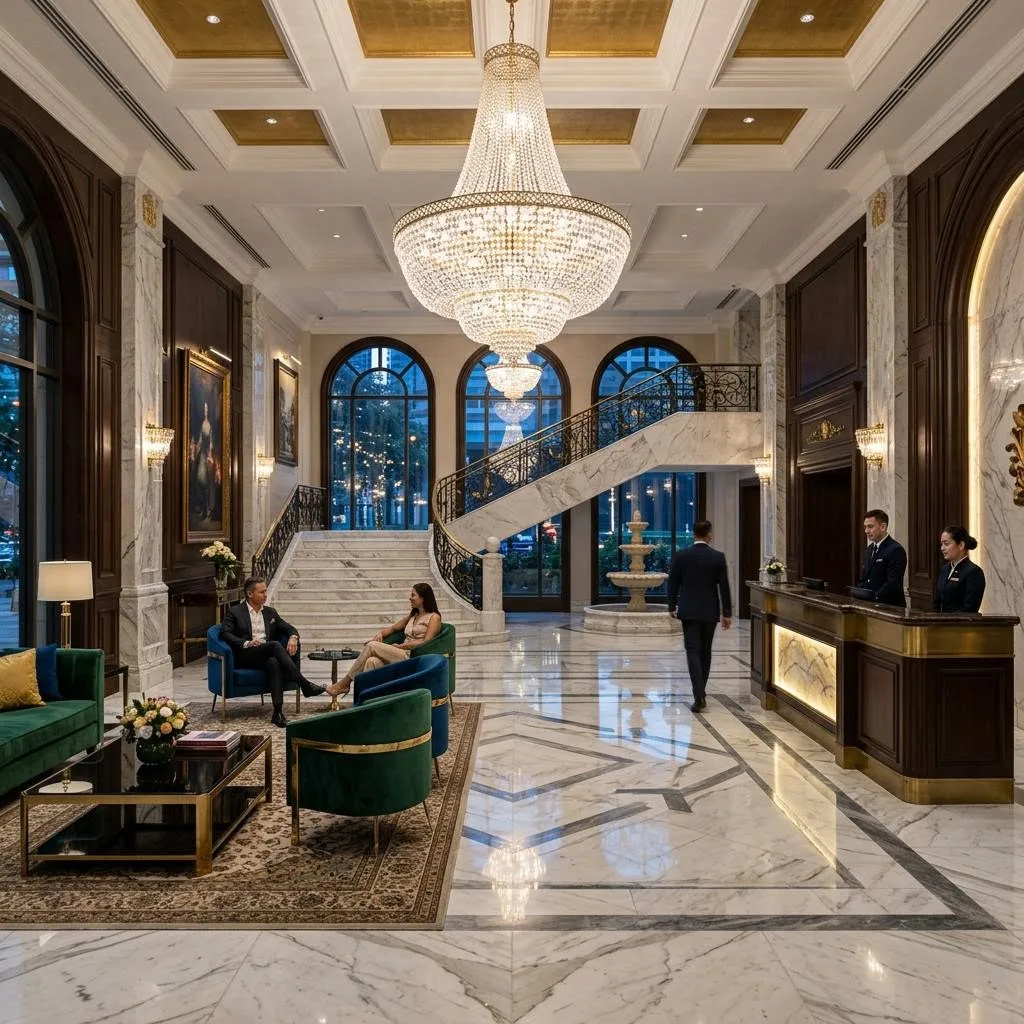Luxury hotel residence lobby with marble floors and chandelier