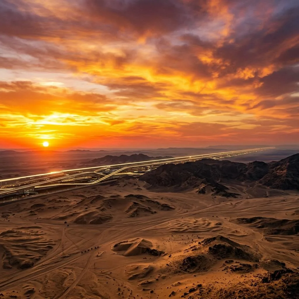 Saudi Arabia desert landscape with futuristic linear structure on horizon