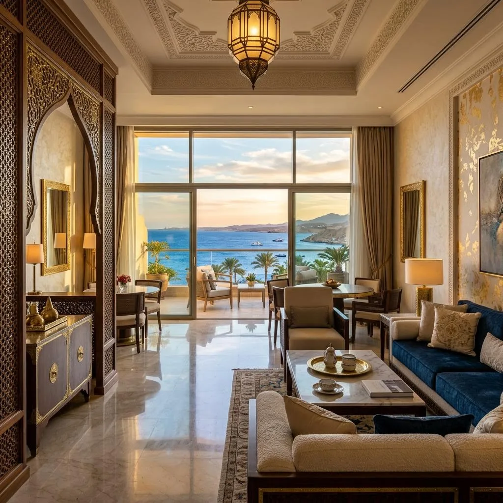 Elegant hotel residence interior with Red Sea views