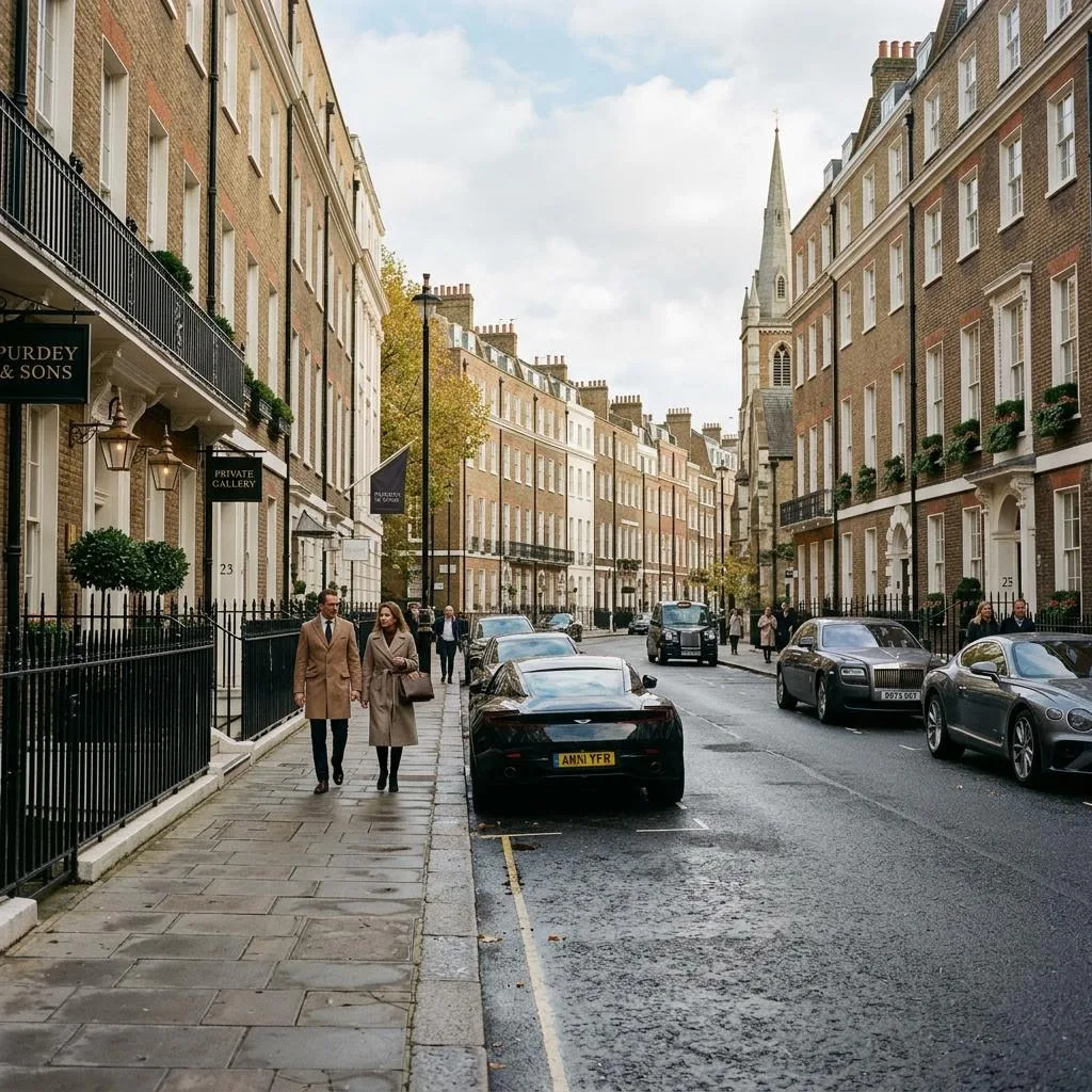 Mayfair London street scene with elegant Georgian townhouses