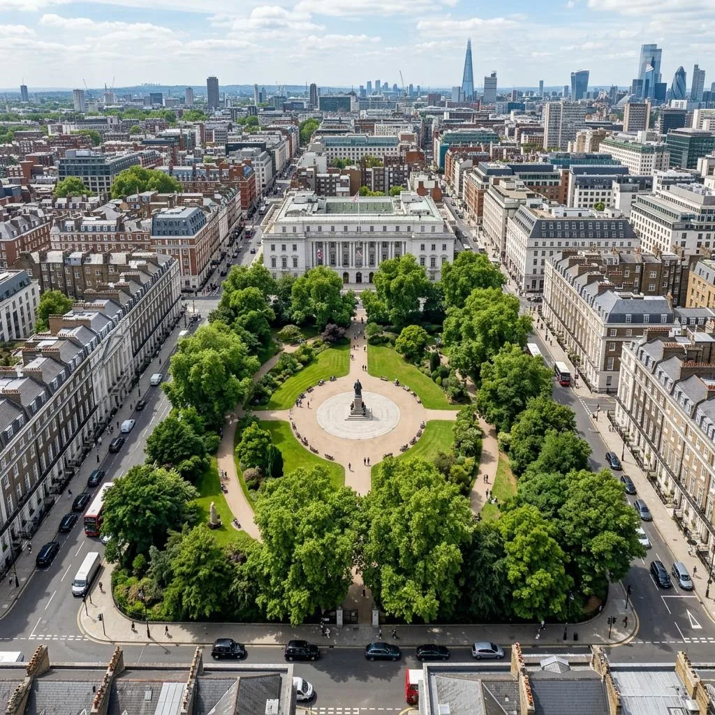 Grosvenor Square Mayfair aerial view with garden square