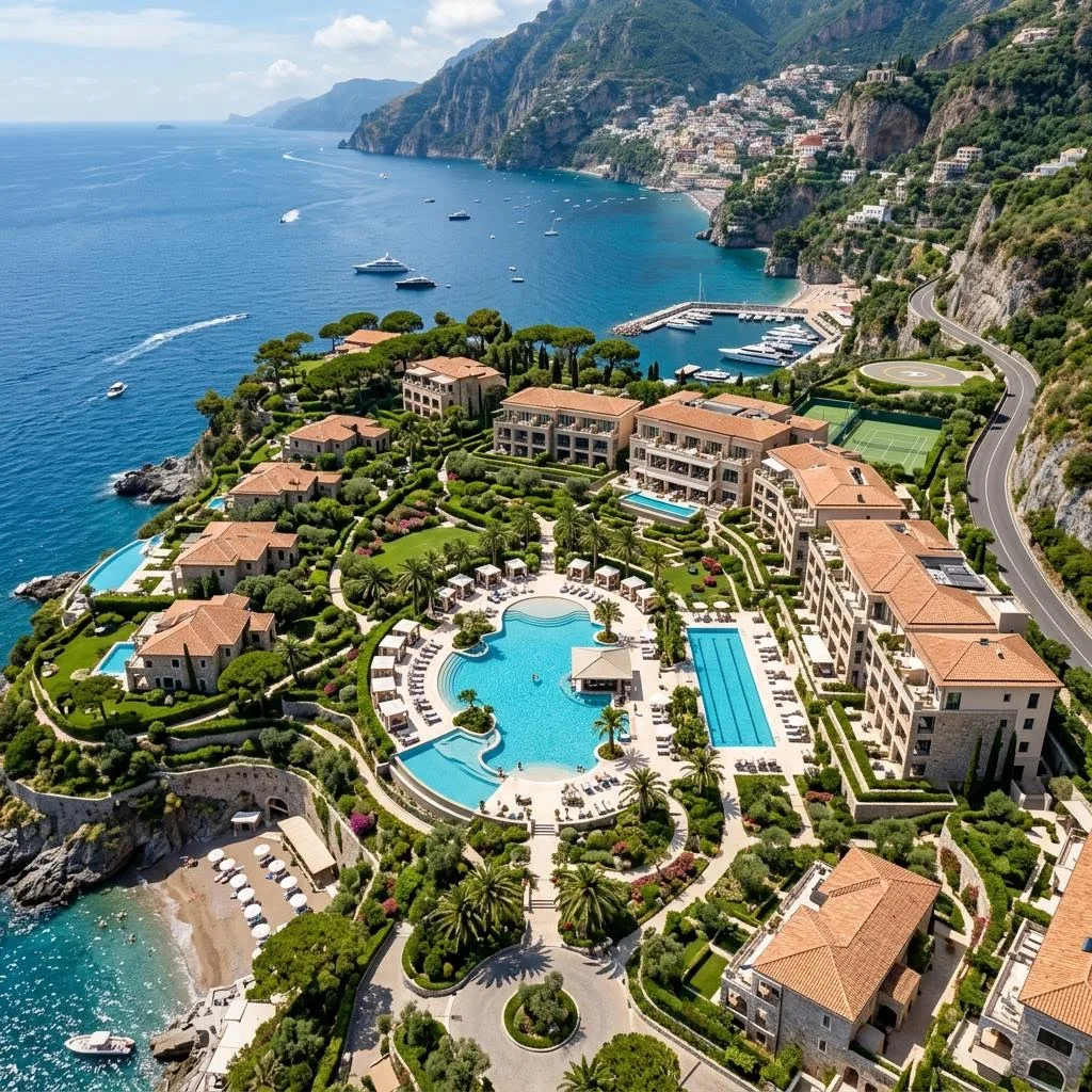 Luxury residential resort with landscaped gardens and pools