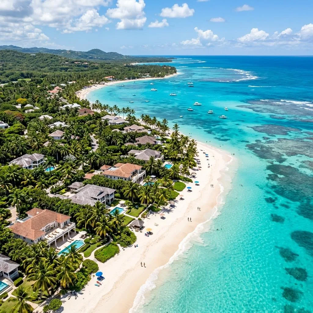 Aerial view of Caribbean beachfront residences
