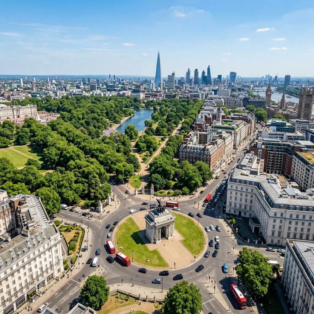 Hyde Park Corner aerial view with Wellington Arch