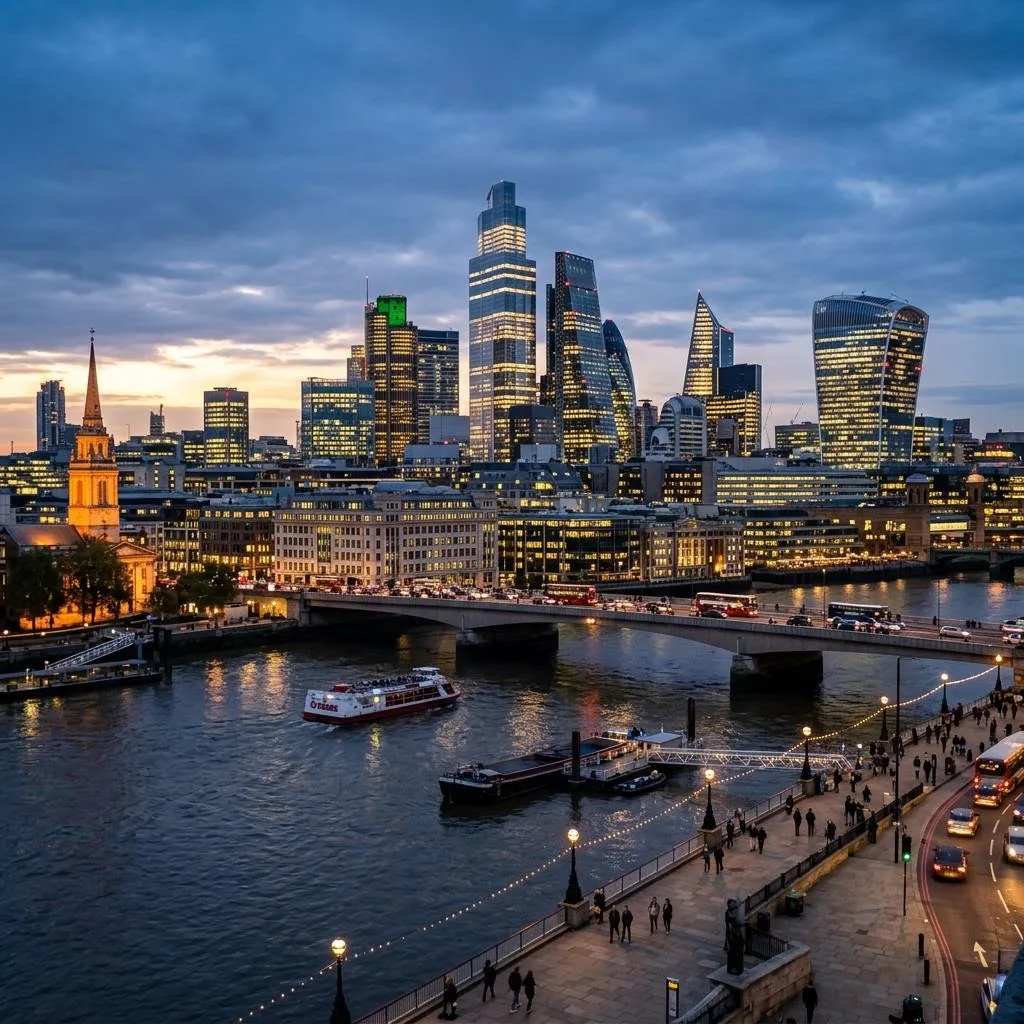 City of London Square Mile skyline at dusk