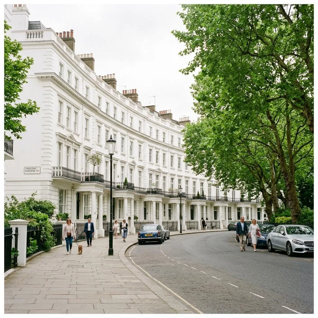 Bayswater London street with Georgian white stucco architecture